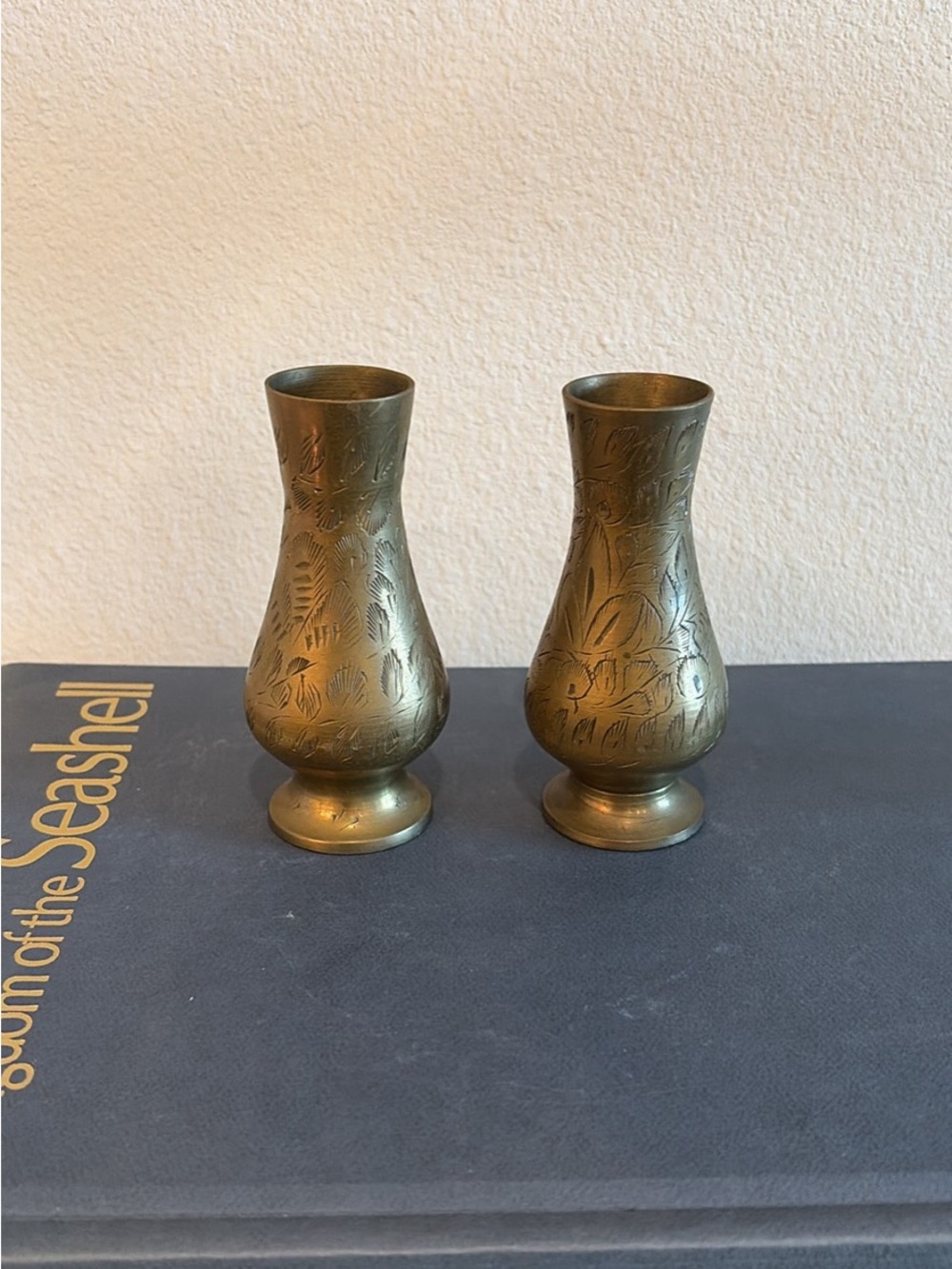 Set of 2 Vintage Etched Brass Bud Vases Mid Century Flower
